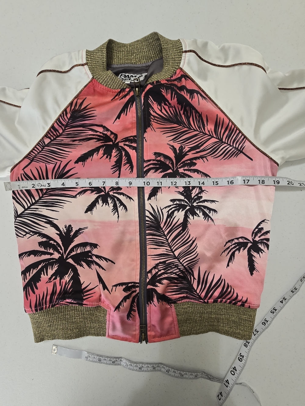 Pam & Gela Pink Black Palm Print Satin Bomber Jacket ASO Women's Small - Picture 3 of 11